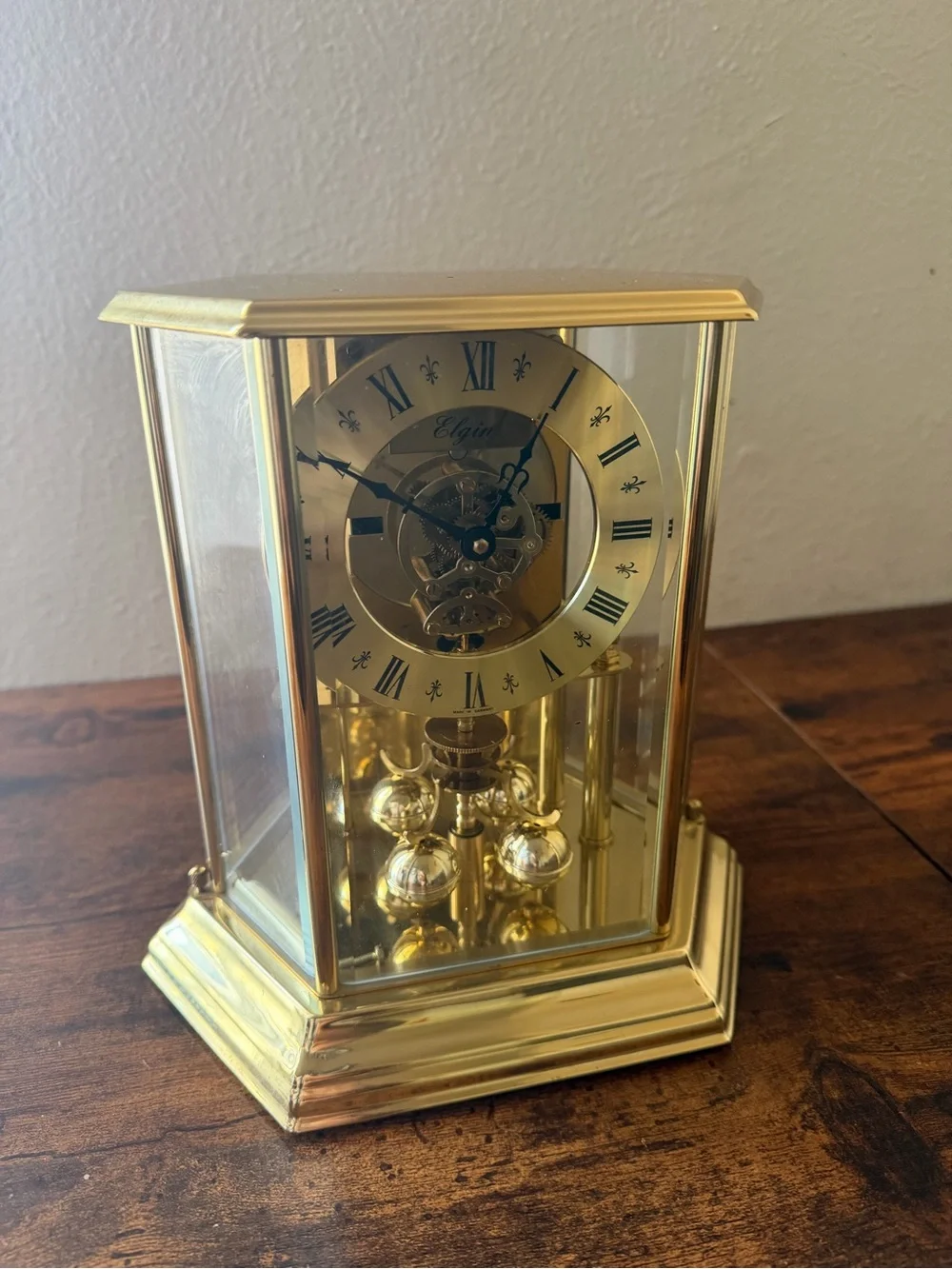 Elgin Gold-Tone Glass Mantel Clock